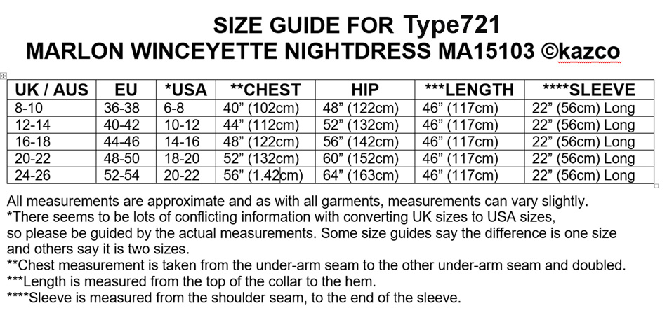 Winceyette nightdress 721 Size Guide