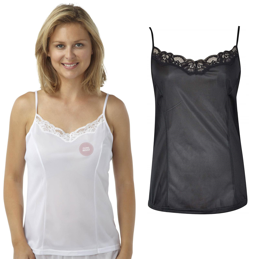Cami Top With Adjustable Straps & Lace Trim Cling Resistant kazco.co.uk
