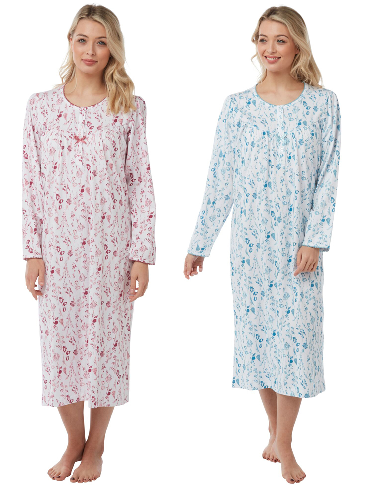 Long Sleeve Jersey Cotton Nightdress With Floral Pattern - kazco.co.uk